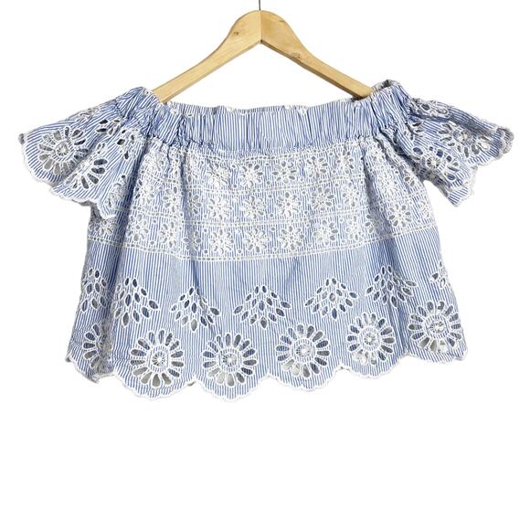 SEA New York Off-the-Shoulder Blue White Stripe Eyelet Top Size 0 - Picture 4 of 9